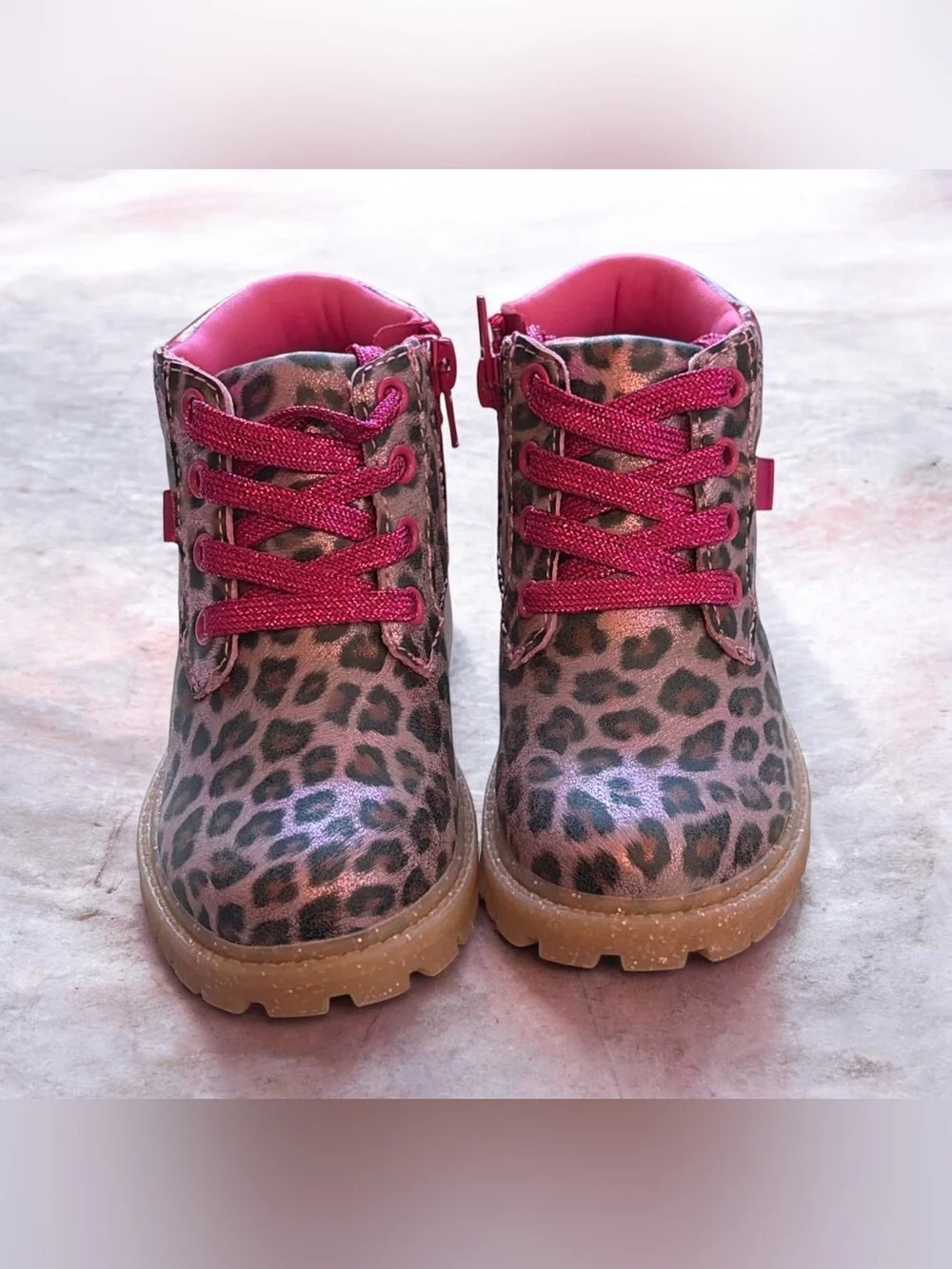 S48 Dr. Scholl's Girls Headstart Toddler Pink Leopard Lace-Up Ankle Boots NEW